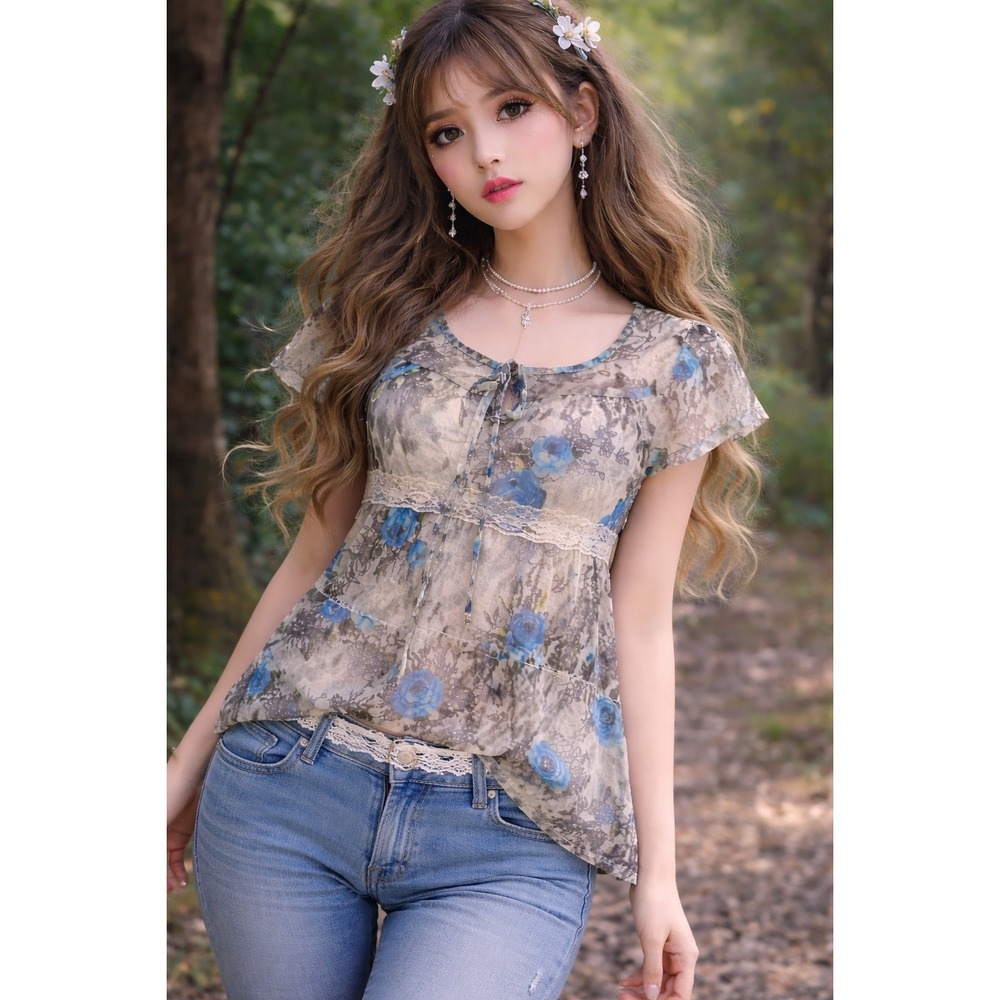 Y2K Sheer Lace Babydoll Top Floral Fairy Grunge Coquette Boho Indie Sleaze M